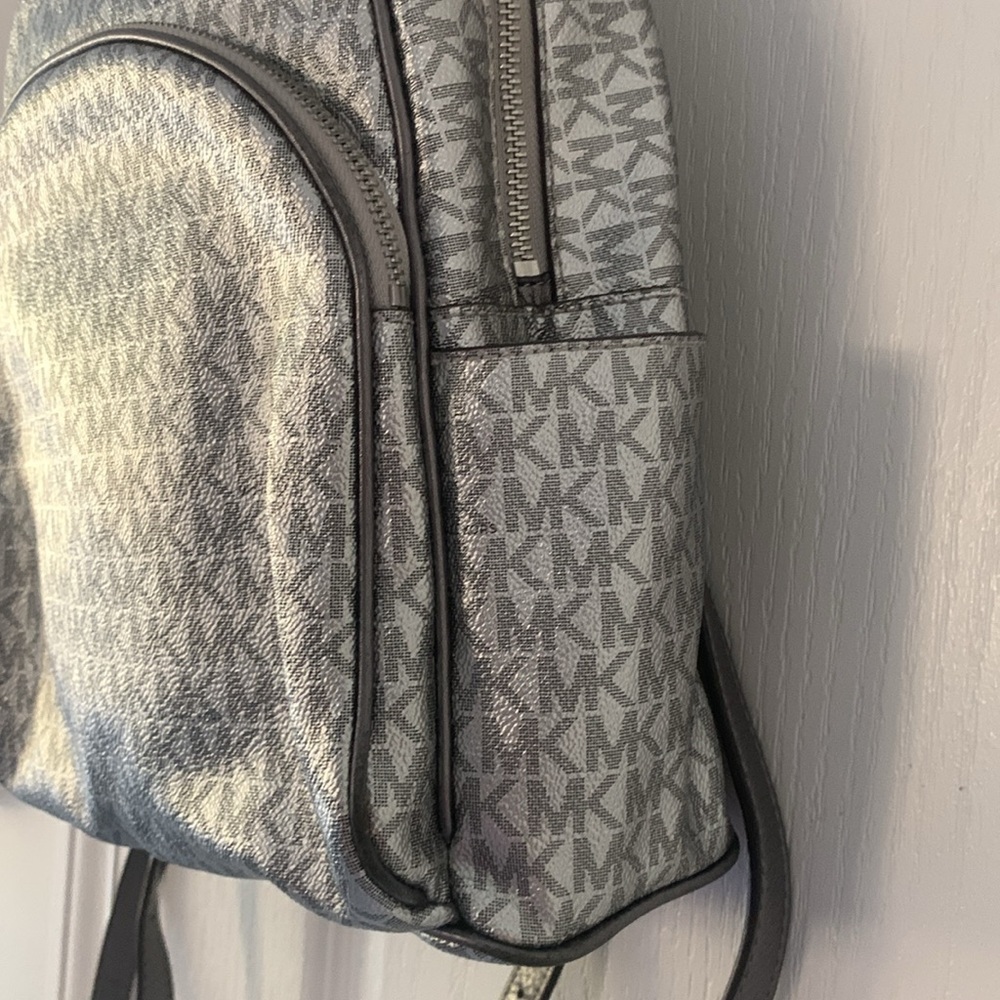 Michael Kors Silver shimmer Monogram Backpack shiny zipper leather compartments - Picture 15 of 16